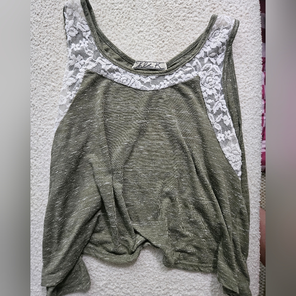 Olive Green Open Back Tank Top with Lace Detail, M